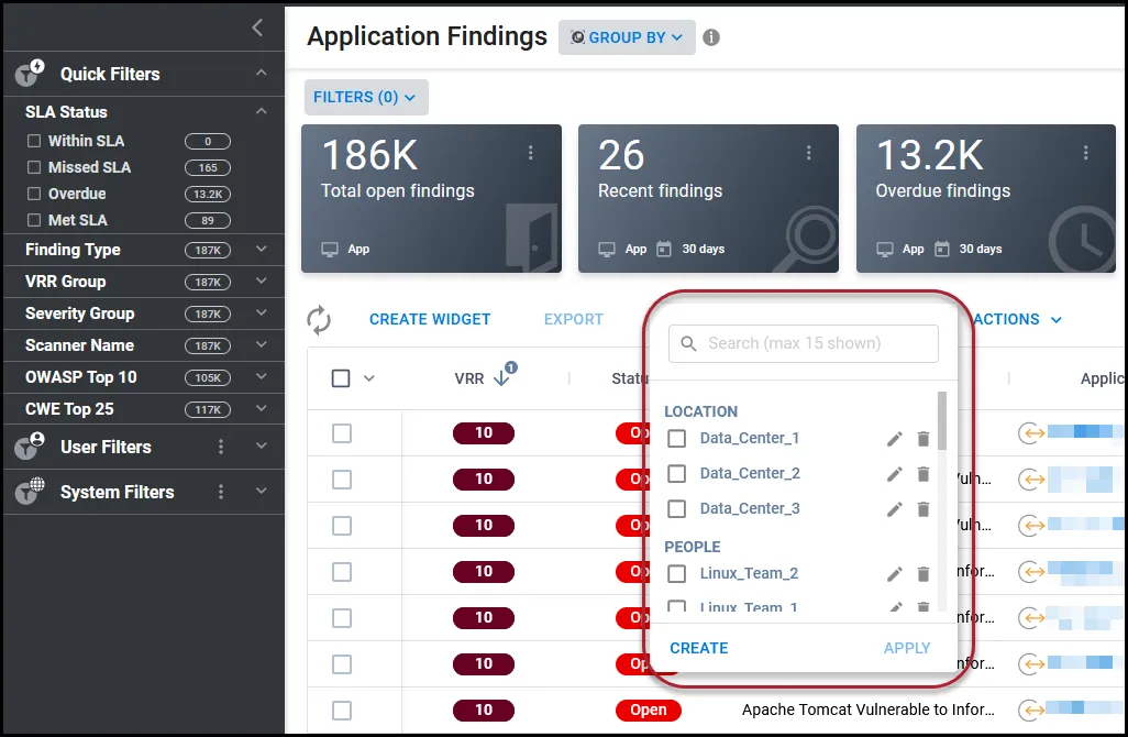 Location of the Tags menu on the Application Findings page.