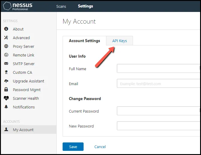 Nessus Connector - API Keys Tab in Nessus Nessus Connector - API Keys Tab in Nessus
