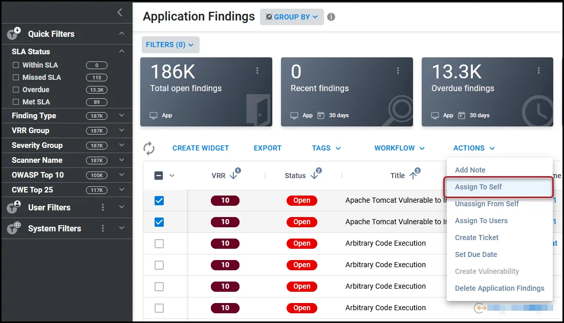 Location of Assign to Self option in the Actions menu on a findings page.