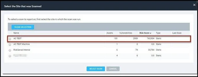 Nexpose Vuln Report - Select the Site that was Scanned Window