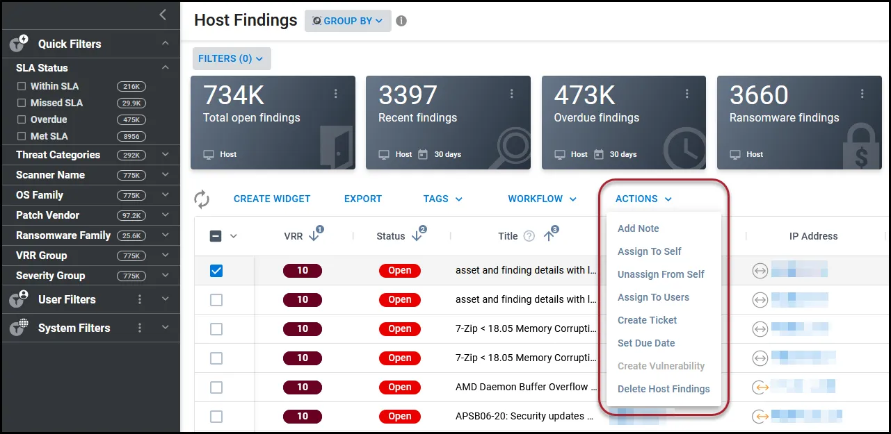 Location of the Actions button and menu on the Host Findings page. Location of the Actions button and menu on the Host Findings page.