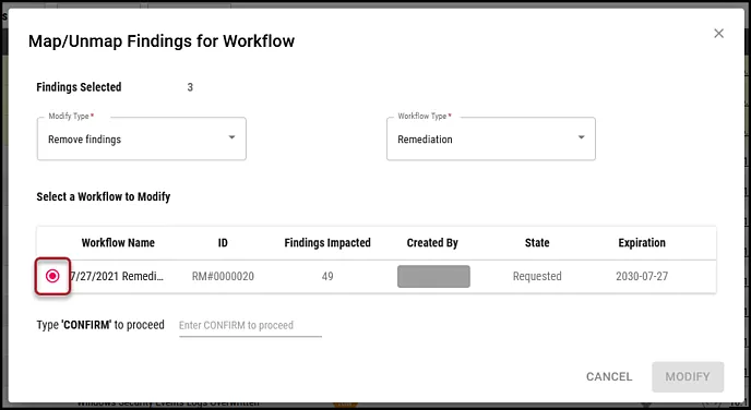 Remove Findings Workflow - Select Workflow