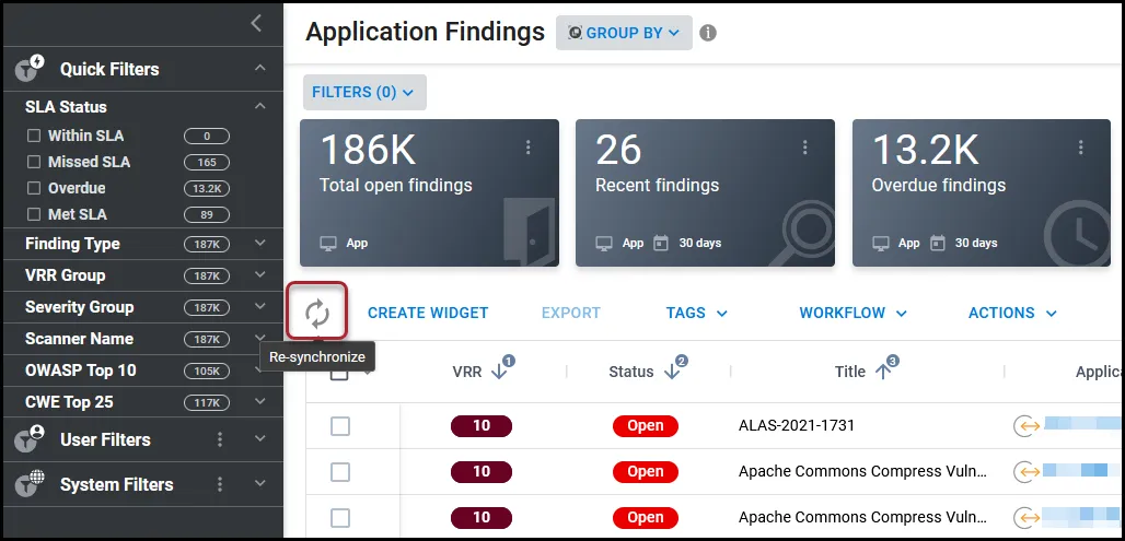 Location of the Refresh button on the Application Findings page.