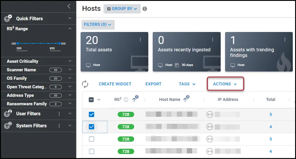 Location of the Actions button on the Hosts page.