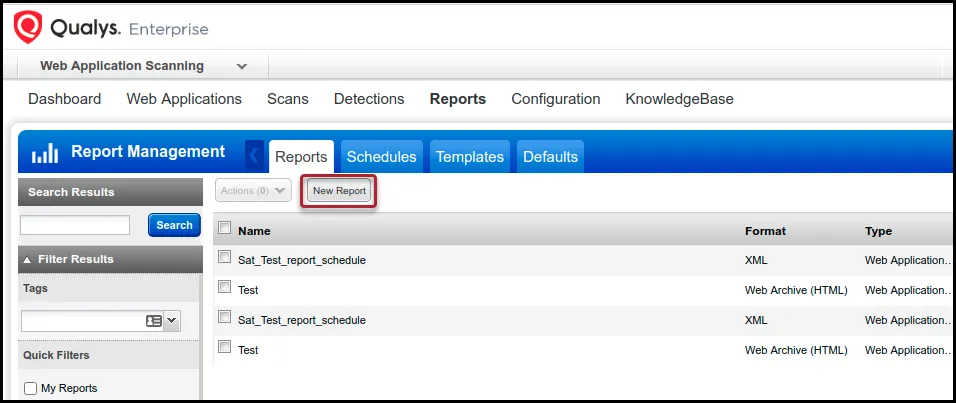 Qualys WAS - New Report Button