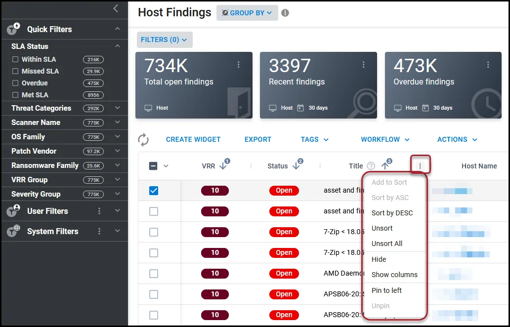 Location of the three-dot button and menu on the Host Findings page. Location of the three-dot button and menu on the Host Findings page.
