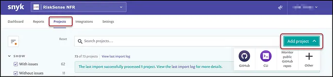 Snyk Export - Add Project Button Location Snyk Export - Add Project Button Location
