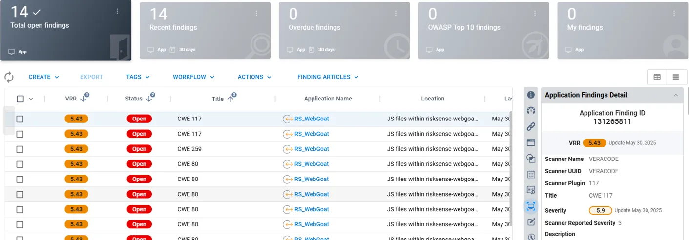 Veracode Connector - Application Findings Page Veracode Connector - Application Findings Page