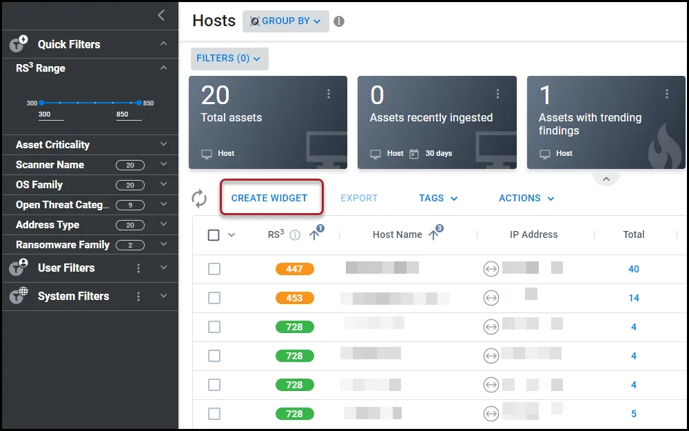 Location of the Create Widget button on the Hosts page.