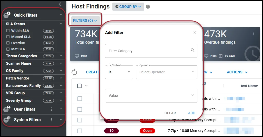 Location of the left-hand filter bar highlighted along with the filter button and the Add Filter pop-up menu. Location of the left-hand filter bar highlighted along with the filter button and the Add Filter pop-up menu.
