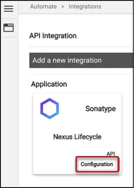 Configuration button location on the Nexus Lifecycle connector card on the Integrations page.
