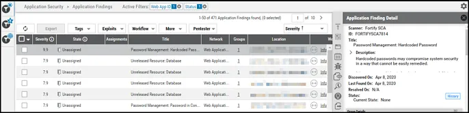 Fortify - Application Findings Page