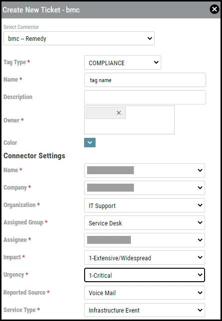 BMC Remedy Connector - Create New Ticket