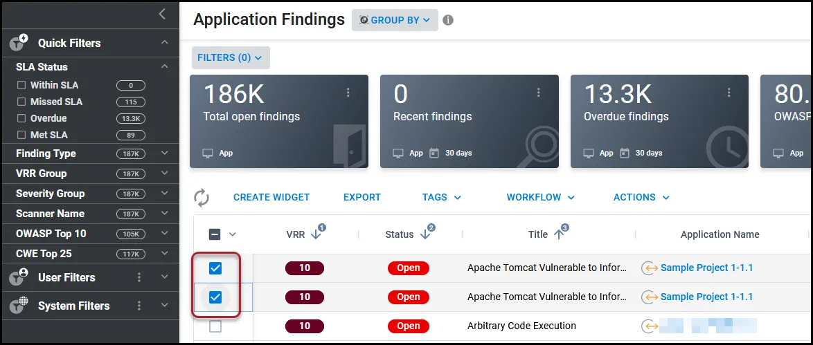 Selecting findings on a findings page to assign to yourself.