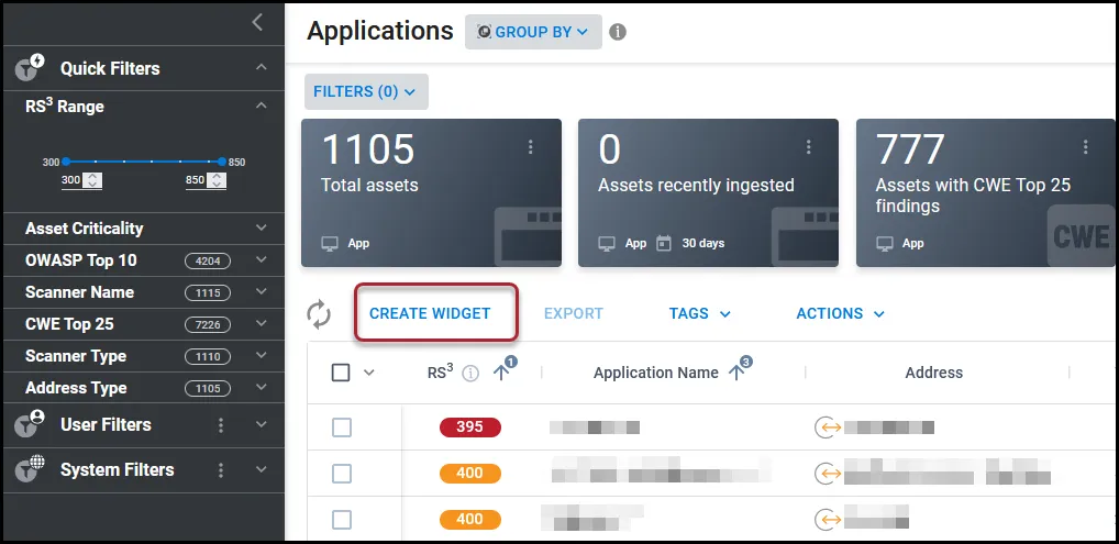 Location of the Create Widget button on the Applications page. Location of the Create Widget button on the Applications page.