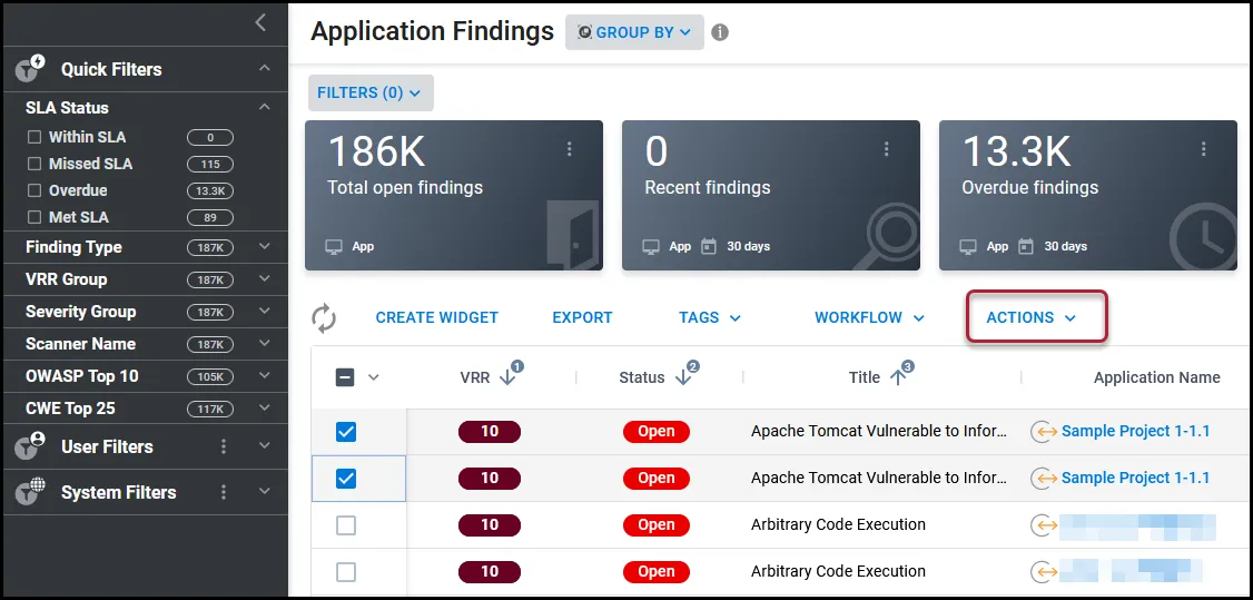 Location of Actions button on the Application Findings page.
