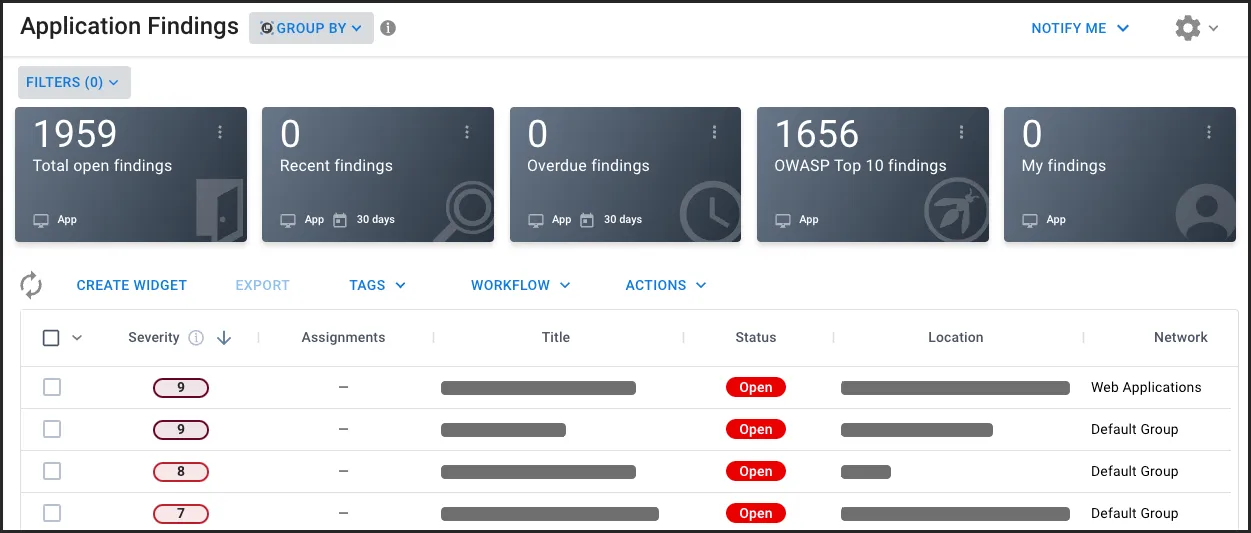 Screenshot of the Application Findings page.