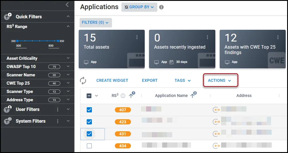 Location of the Actions button on the Applications page.