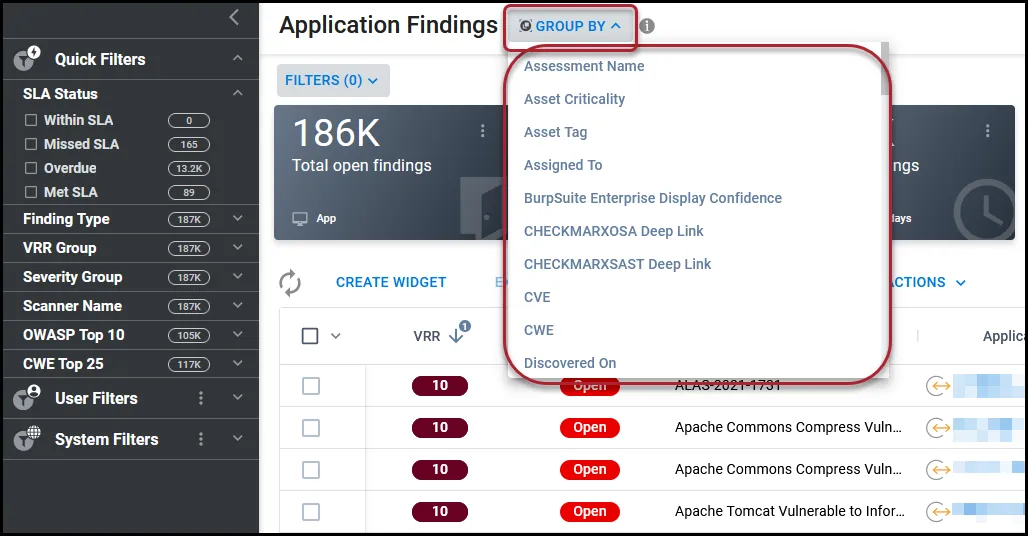 Location of the Group By button and menu on the Application Findings page.