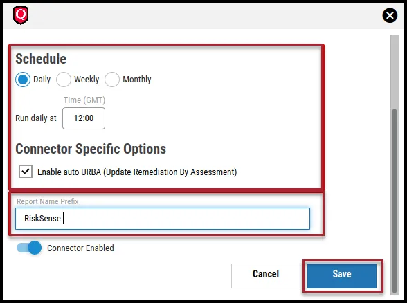 Qualys Vuln Report - Connector Schedule and Specific Options
