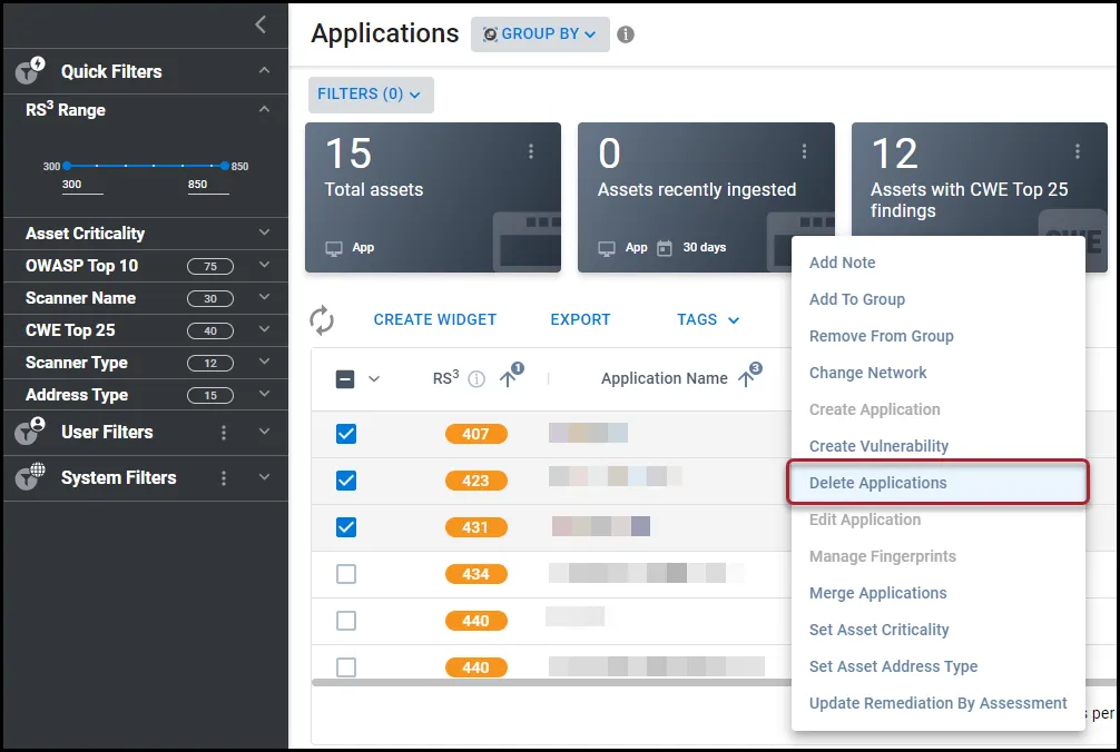 Delete Application menu location under the Actions menu on the Applications page.