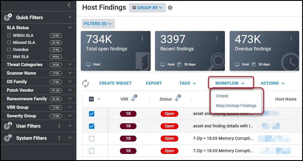 Location of the Workflow button and drop-down menu on the Host Findings page. Location of the Workflow button and drop-down menu on the Host Findings page.