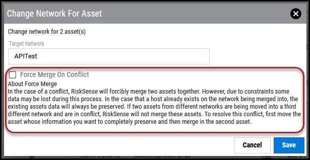 Change Host Network - Force Merge on Conflict Box
