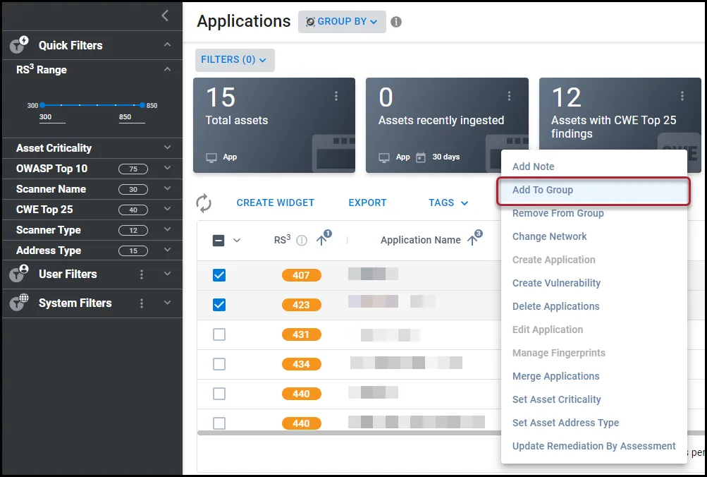 Add to Group menu location in the Actions menu on the Applications page.