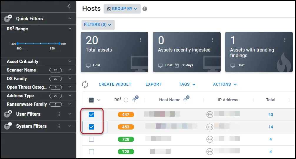 Selecting two hosts on te Hosts page to set their asset criticality.