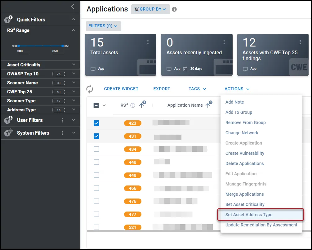 Set Asset Address Type menu location in the Actions menu on the Applications page.