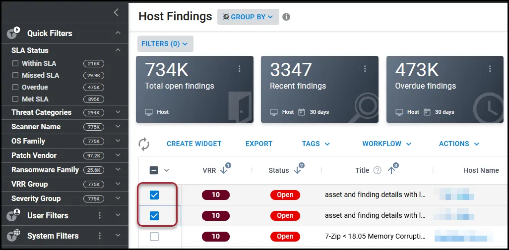 Selecting two findings on the Host Findings page to create a workflow.
