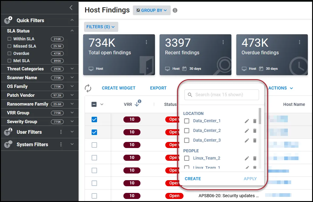 Location of the Tags menu on the Host Findings page. Location of the Tags menu on the Host Findings page.