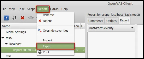 OpenVAS Export - Export Menu Location