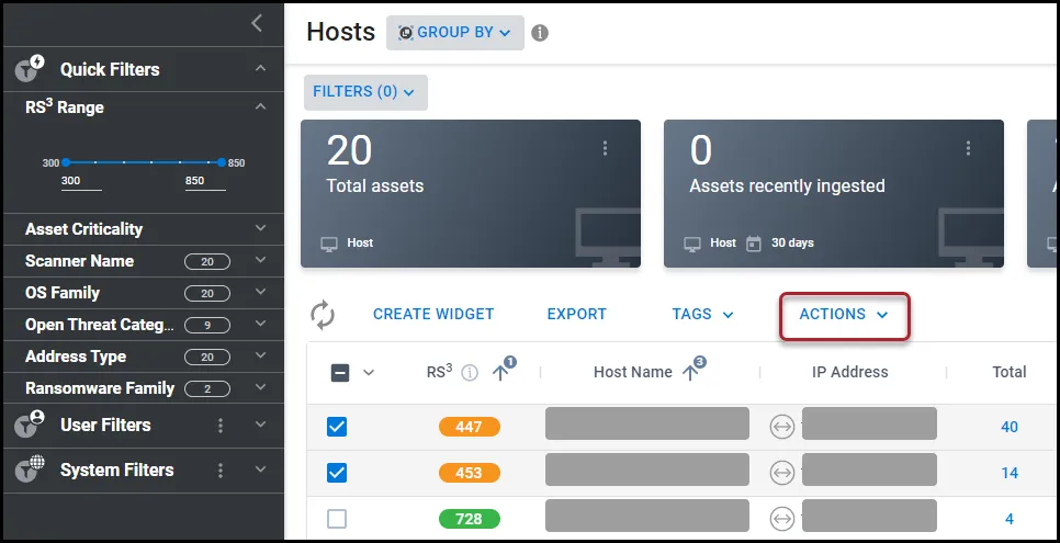 Location of the Actions button on the Hosts page.