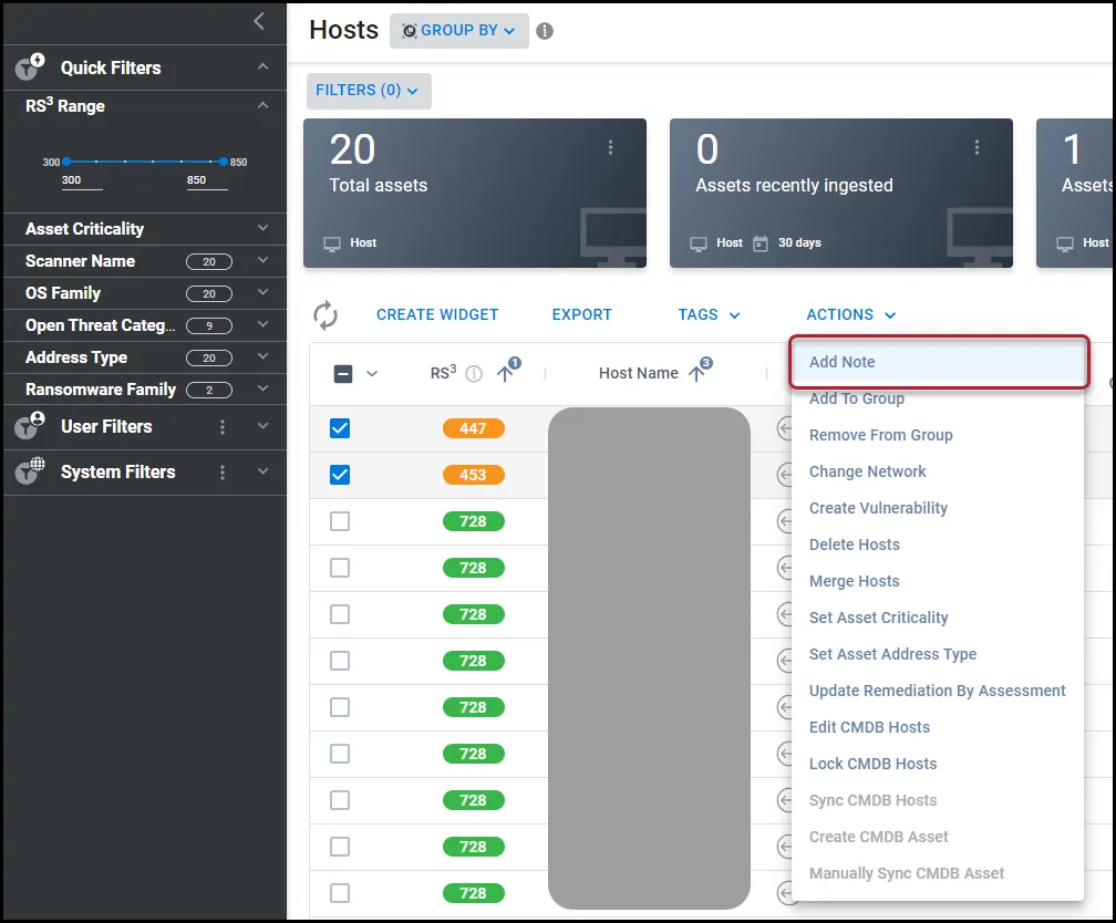 Location of the Add Note menu option in the Actions menu on the Hosts page.