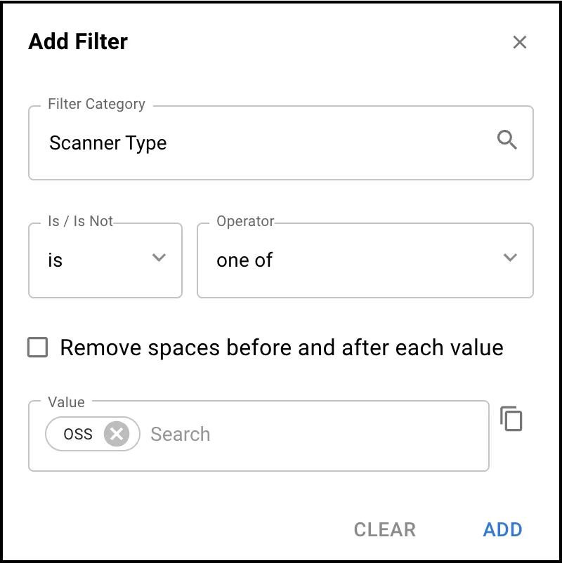 The Add Filter window configured with the filter Scanner Type is one of OSS.