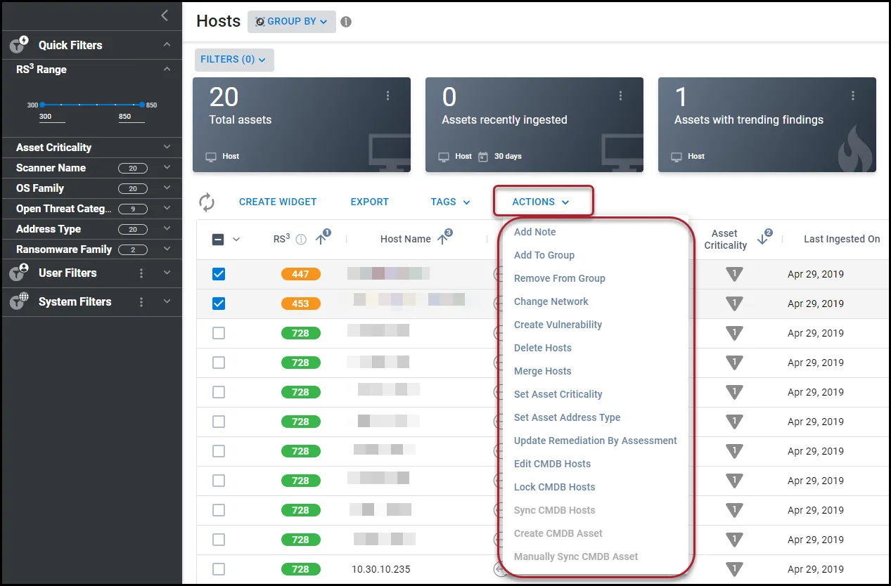 Location of the Actions button on the Hosts page with the Actions menu expanded.