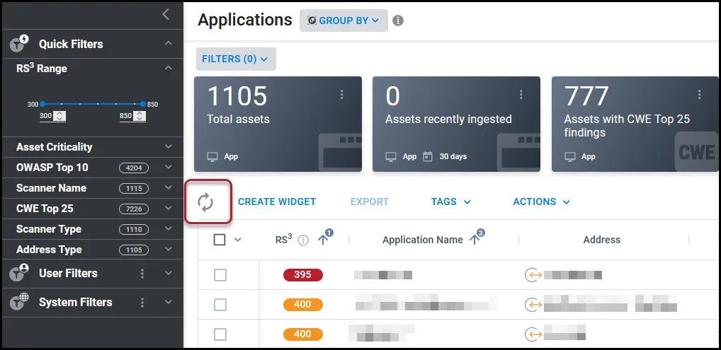 The refresh button is highlighted on the Applications page underneath the KPI bar and above the list view. The refresh button is highlighted on the Applications page underneath the KPI bar and above the list view.