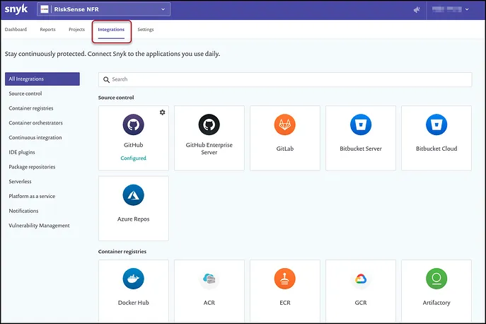 Snyk Export - Integrations Page Snyk Export - Integrations Page