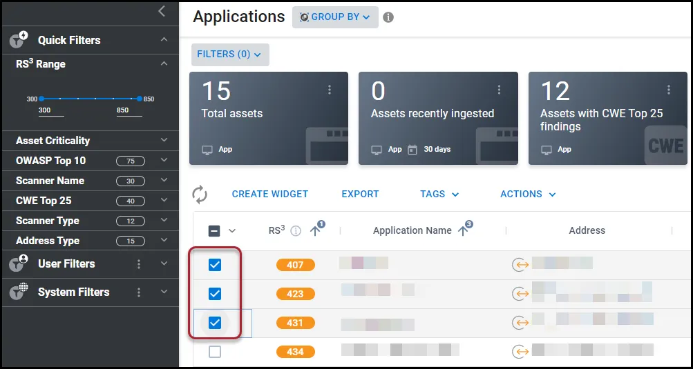 Selecting three applications for deletion on the Applications page.