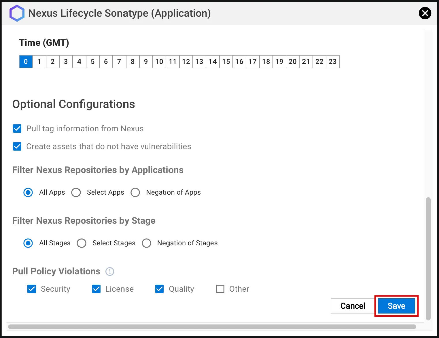 Optional Configuration Section in the Nexus Lifecycle connector setup window.