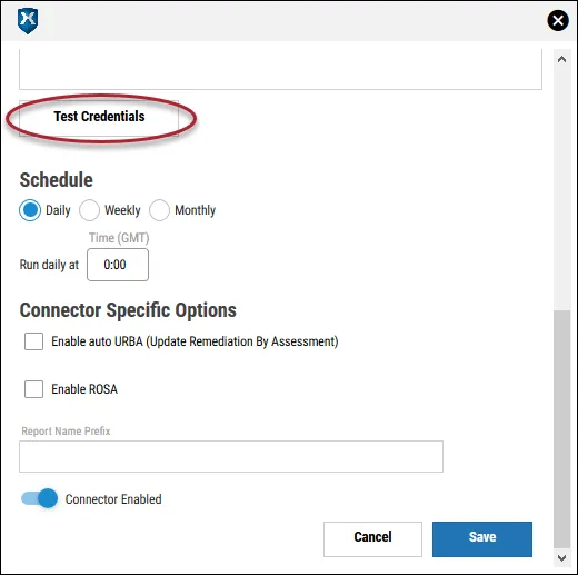 Connectors - Test Credentials Button Location