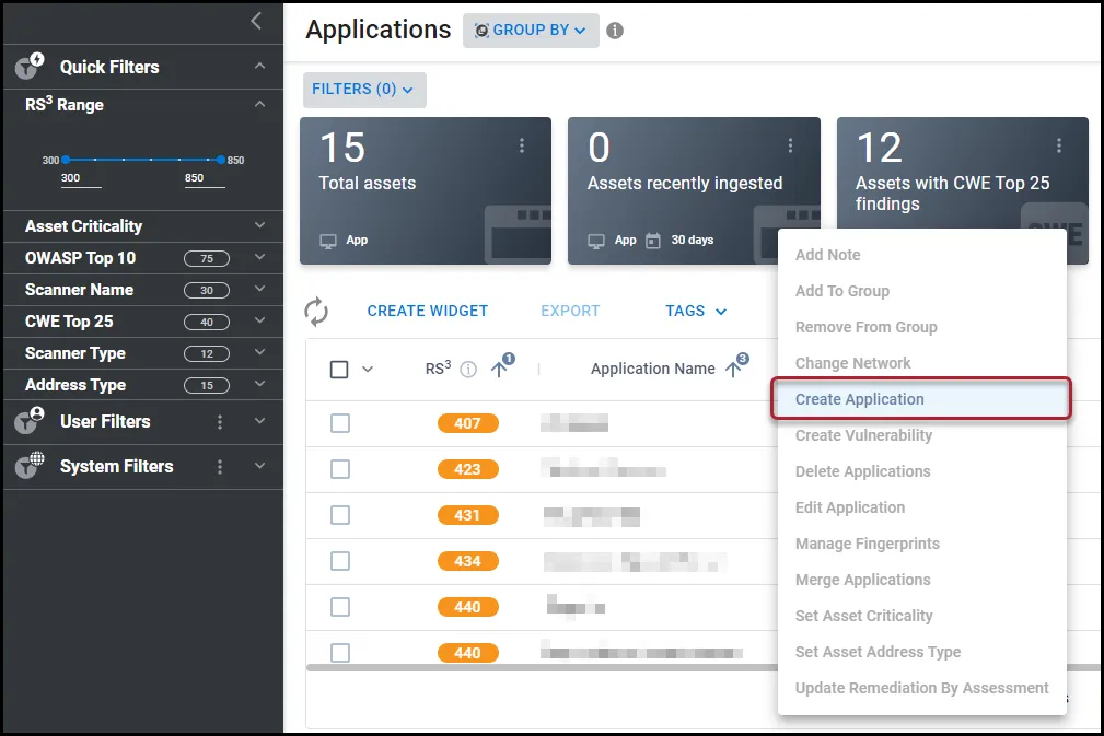 Create Application menu location under the Actions menu on the Applications page.