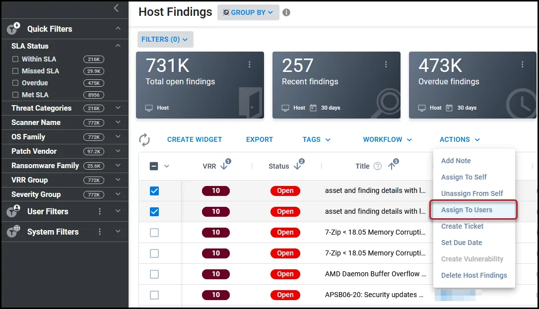 Assign to Users menu option under the Actions menu on a findings page.