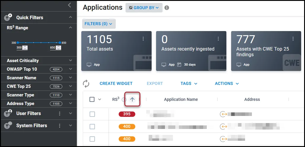 On the Applications page, the column sort arrow is highlighted on the RS3 column. On the Applications page, the column sort arrow is highlighted on the RS3 column.