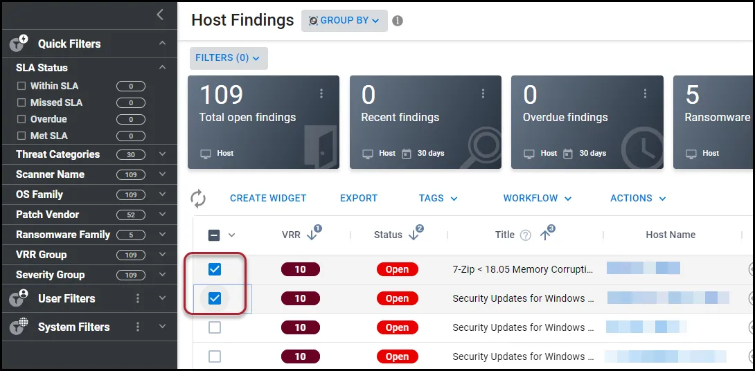Selecting two host findings on the Host Findings page to add a note.
