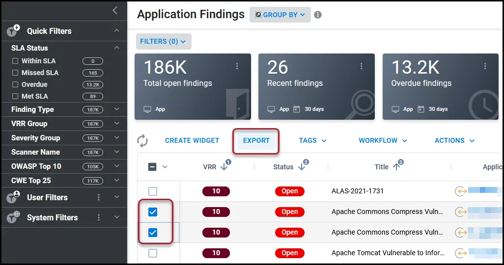 Location of the Export button with two findings selected on the Application Findings page.