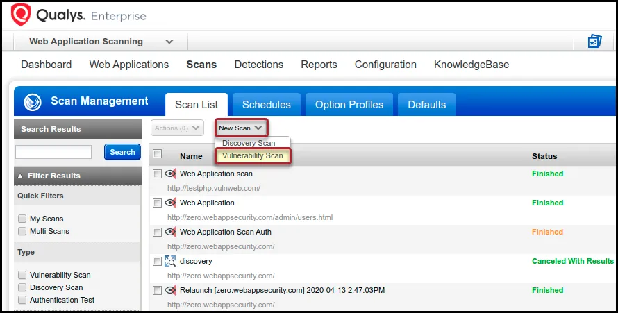 Qualys WAS - Vulnerability Scan Location - View