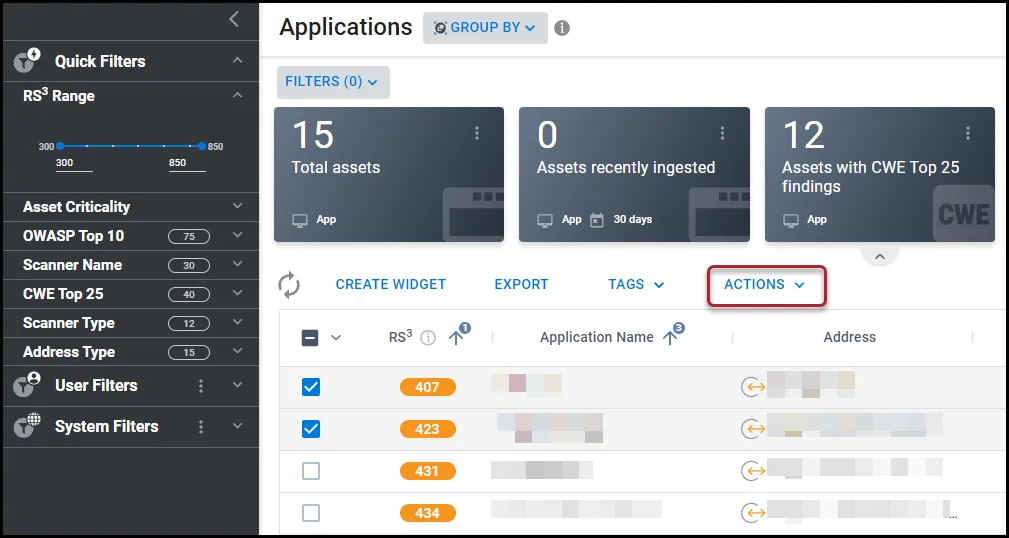Location of Actions button on the Applications page.
