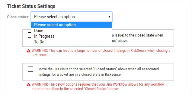 Jira Connector Guide - Ticket Status Settings